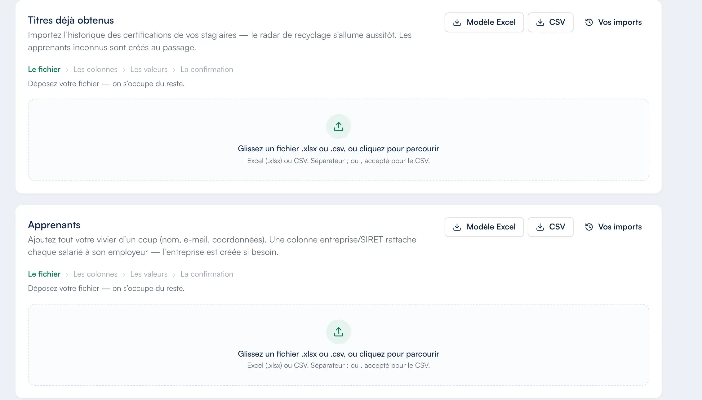 L’écran d’import de Certelio : les titres déjà obtenus, leur modèle Excel ou CSV et le dépôt du fichier.
