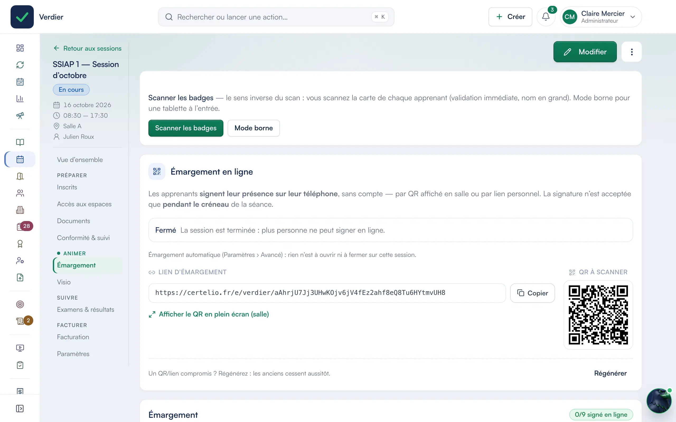 L’onglet Émargement d’une session dans Certelio : le scan des badges, l’état de l’émargement en ligne, le lien d’émargement et le QR code à projeter en salle.