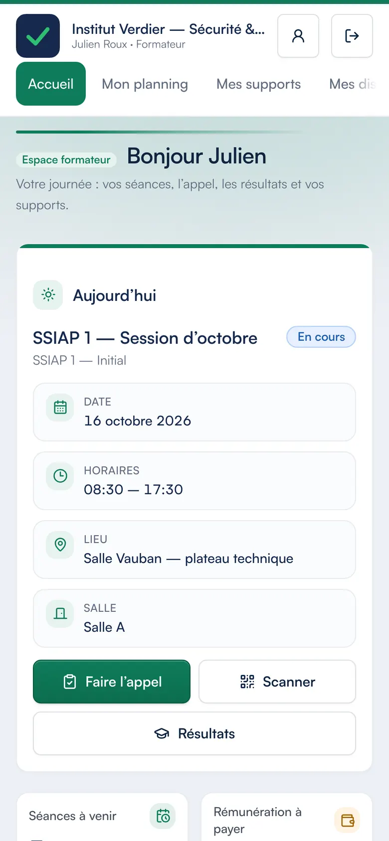 Le portail formateur de Certelio sur un téléphone : la séance du jour, avec ses horaires, son lieu et sa salle.