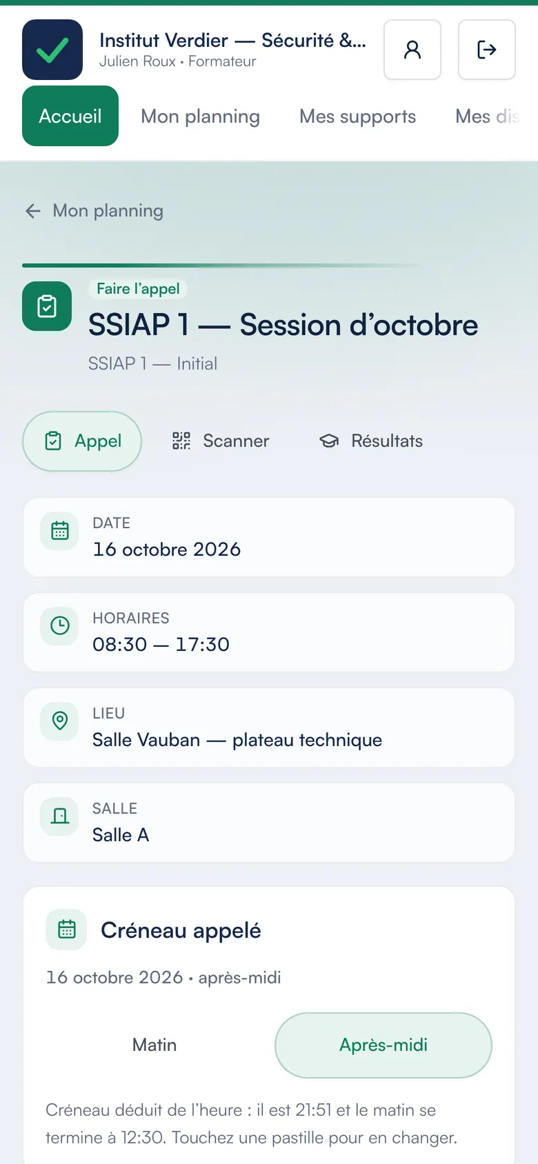Le portail formateur de Certelio sur un téléphone : « Faire l’appel » pour la séance du jour, avec le scan des badges et les résultats.