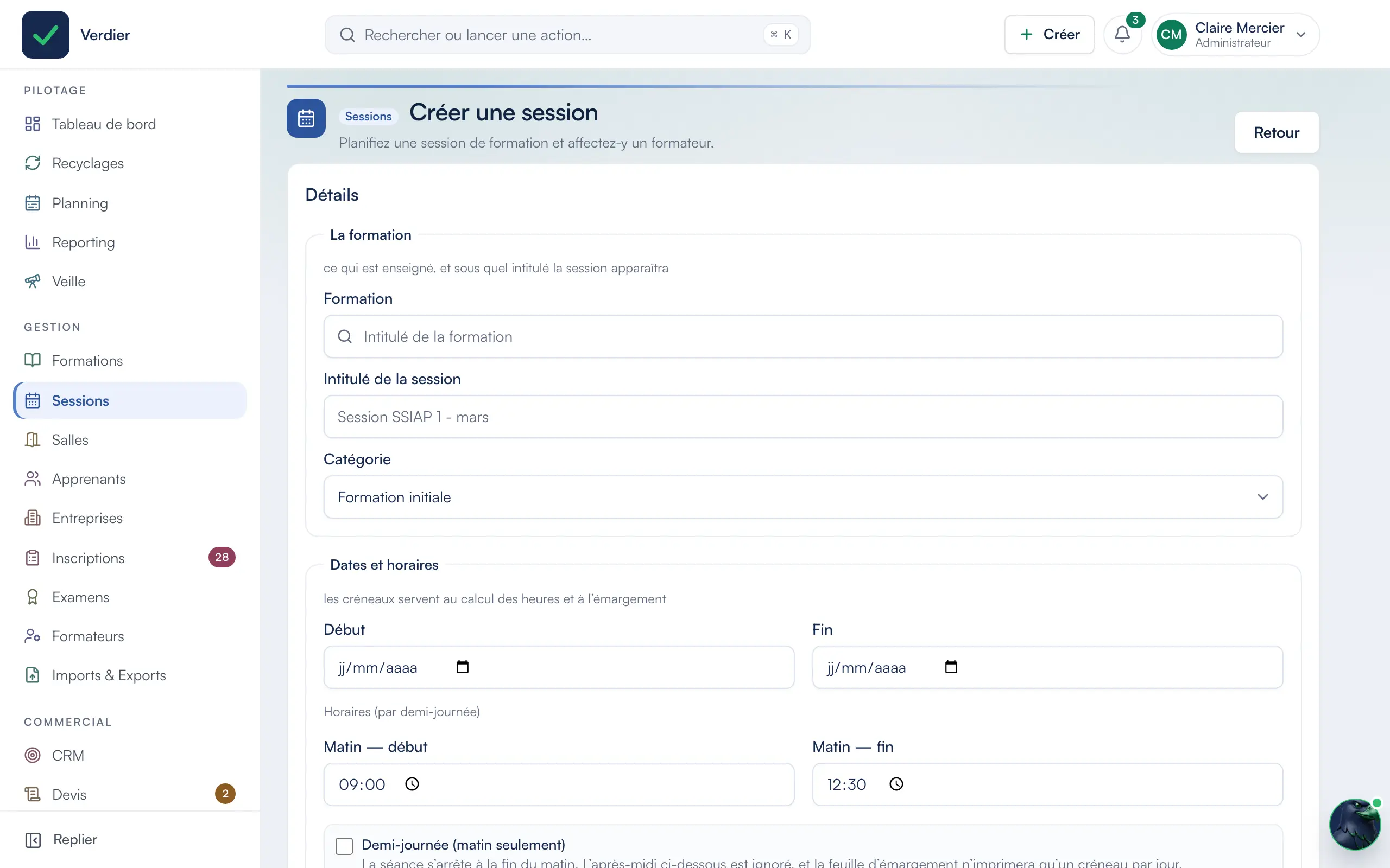 La création d’une session dans Certelio : la formation, l’intitulé, la catégorie, les dates et les horaires.